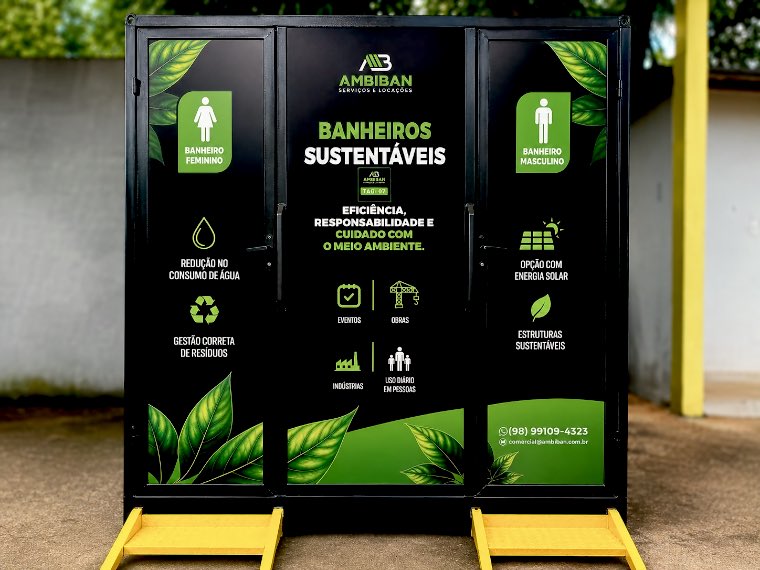 Banheiro móvel sustentável da Ambiban, com cabine feminina e masculina